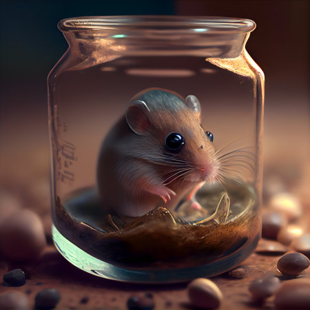 Hamster in a glass jar with nuts. 3d rendering.の素材