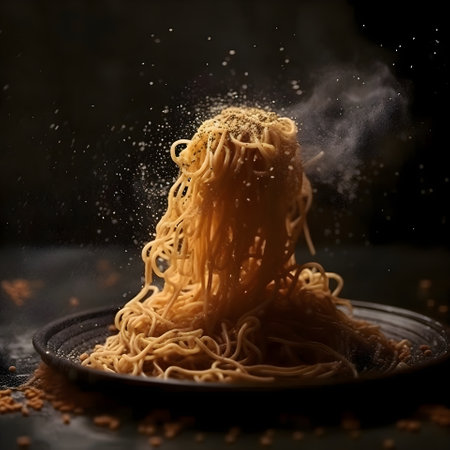 Dry instant noodle with splashes on a black background.の素材