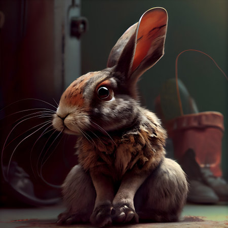 Rabbit sitting on the floor and looking at the camera. Vintage style.の素材