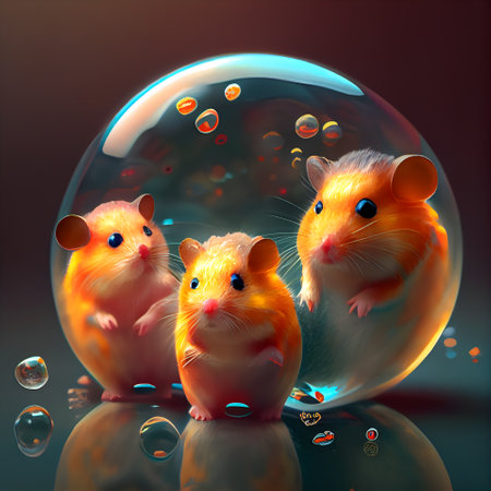 Hamsters in a glass sphere on a dark background. 3D renderingの素材