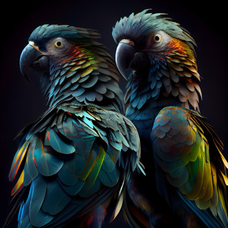 Two macaw parrots on a black background. 3d renderingの素材