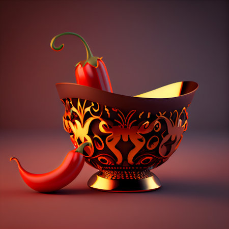 Chili oil and red pepper on dark background. 3d illustrationの素材