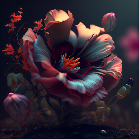 3D illustration of a beautiful flower in a dark background. Digital painting.の素材
