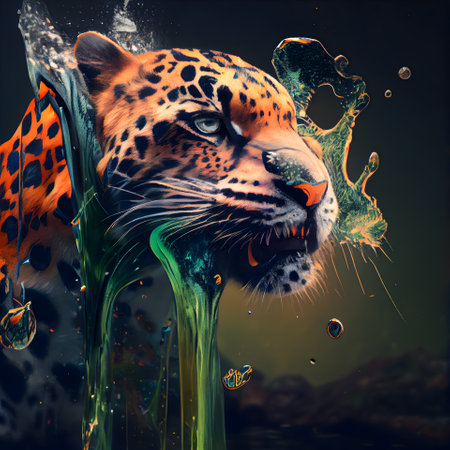 Leopard in water with splashes and drops. Digital painting.の素材