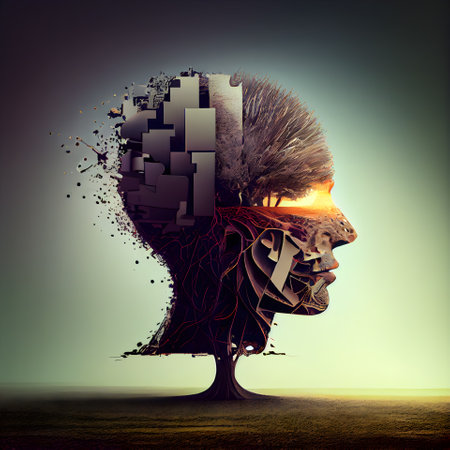 Conceptual image of human head with brain made of 3d elementsの素材