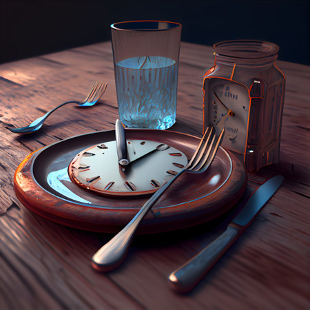 Alarm clock and glass of water on wooden table. 3D renderingの素材