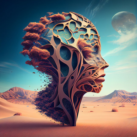 Abstract human head in the desert. 3D render. Conceptual illustration.の素材
