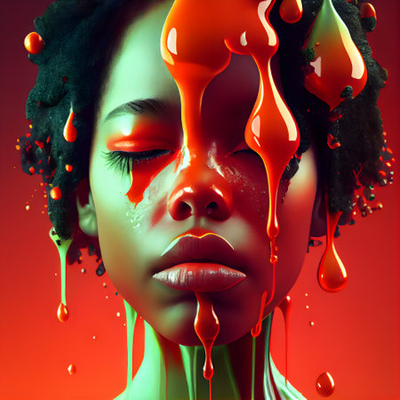 Fashion portrait of young beautiful african american woman with creative make-up and dripping paint.の素材