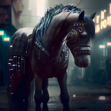 Horse in the city at night. 3d render. Toned.の素材