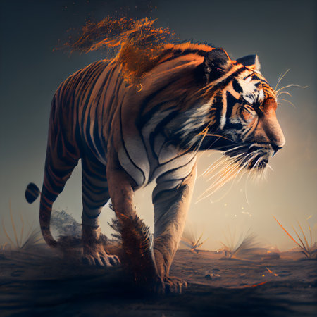 Siberian Tiger in the desert with fire effect. Digital paintingの素材