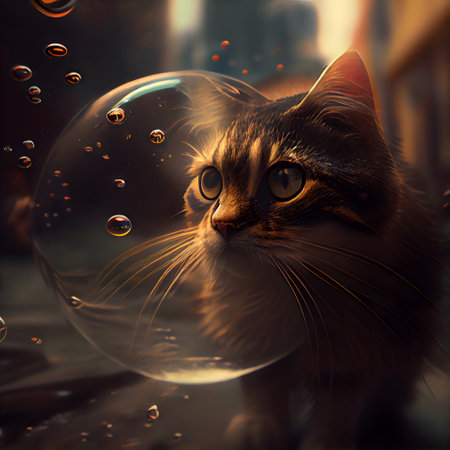 Cat inside a glass ball with water drops. 3D illustration.の素材
