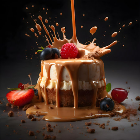 Chocolate cake with ice cream and fresh berries on a dark backgroundの素材