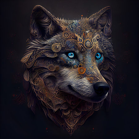 Stylized portrait of a wolf with ornamental pattern on the face.の素材