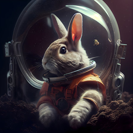 Rabbit in astronaut suit on dark background. Astronaut in space.の素材