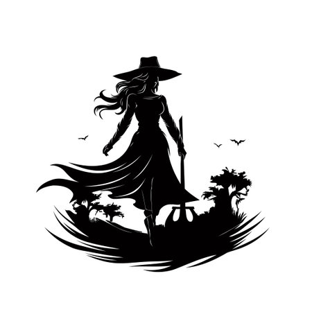 silhouette of a witch with a broom and a hat on a white backgroundのイラスト素材