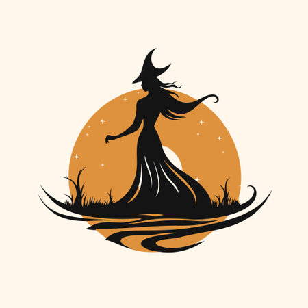 Silhouette of a witch on the background of the moon, vector illustrationのイラスト素材