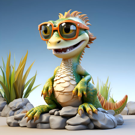 Cute dinosaur with sunglasses on a rock. 3D illustration.の素材
