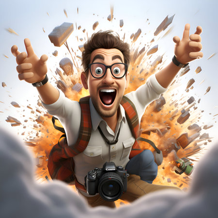 Funny photographer with a camera in his hand. Photo collage.の素材