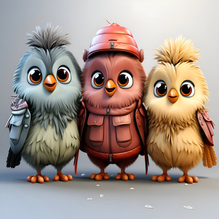 Three cute cartoon owls with backpacks. 3D illustration.の素材