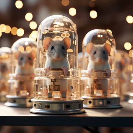 Cute little mice in a glass lamp in the shop window.の素材