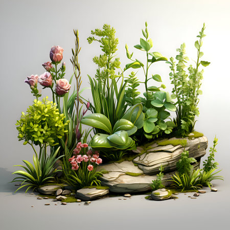 Illustration of a beautiful garden with plants. stones and flowers.の素材