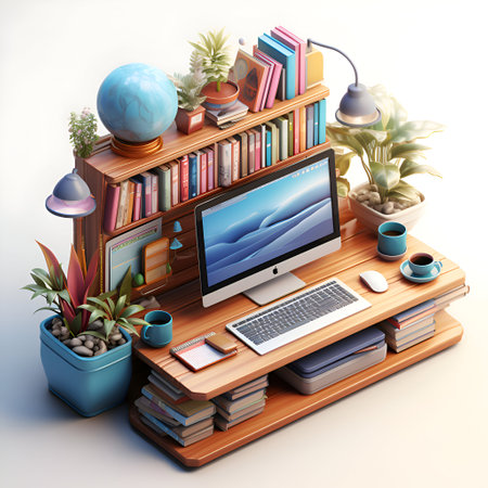 workplace with computer on the bookshelf. 3d illustrationの素材