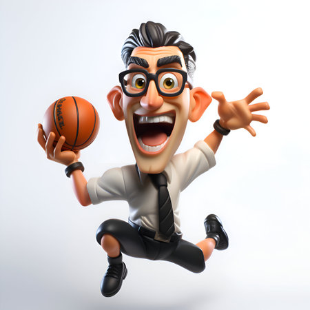 Cartoon businessman jumping with basketball on the white background. 3d illustrationの素材