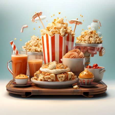 popcorn. juice and sweets on wooden tray. 3d illustrationの素材