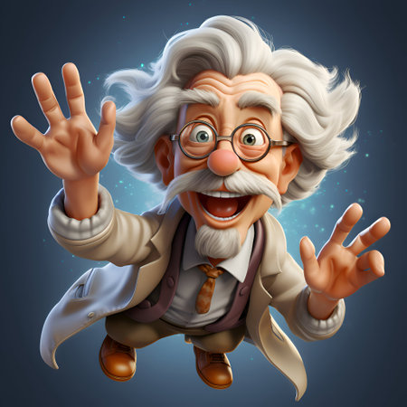 Cartoon happy old man with glasses and a mustache waving his handの素材
