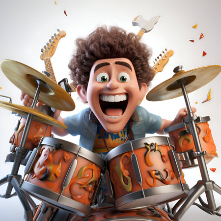 3D Illustration of a Kid Playing the Drums and Guitarの素材