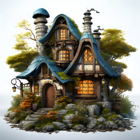 3D rendering of a fairy tale house in a fantasy forest.の素材