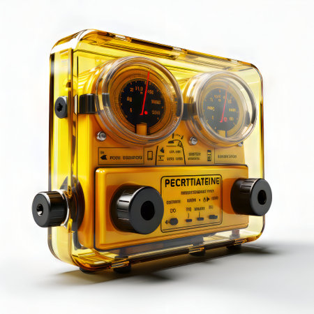 Yellow gas meter isolated on a white background. 3d rendering.の素材