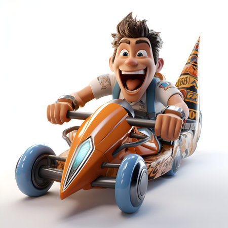Cartoon character of a teenager riding a race car with a smileの素材
