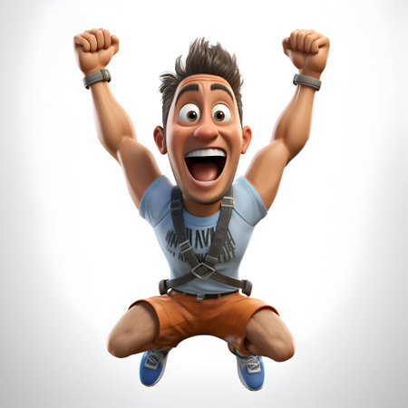 3D Illustration of a young man jumping with his arms raisedの素材