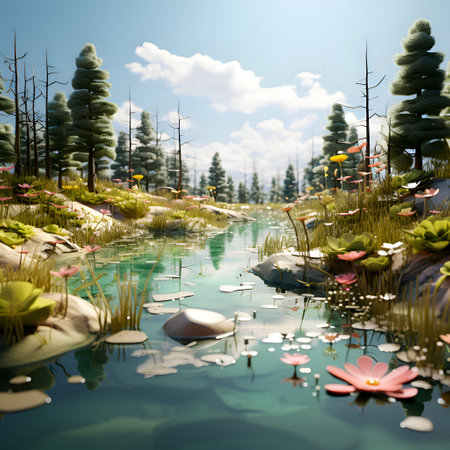 Beautiful landscape with pond and lake in the forest.3d renderの素材