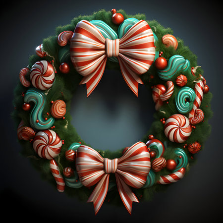 Christmas wreath with candy canes and fir branches on black backgroundの素材