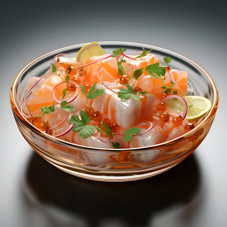 Salmon sashimi in glass bowl with lemon and parsleyの素材