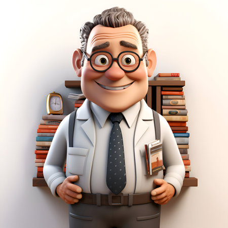 3D illustration of a cartoon character with glasses and a bookcaseの素材