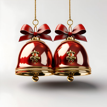 Christmas bells with red bows on white background. 3D illustration.の素材
