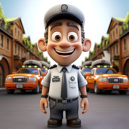 Cartoon policeman standing in the street with yellow taxi cars in the backgroundの素材