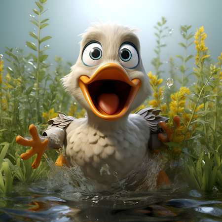 3D Render of a cute duck swimming in the water with his tongue outの素材