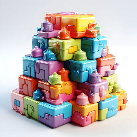 Pyramid of colorful plastic toy cubes on white background. 3d renderの素材