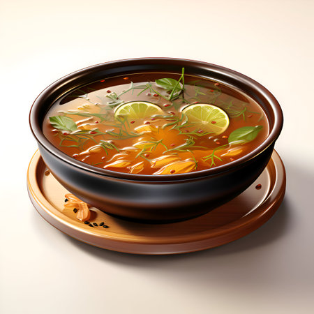 Tom yam soup on a white background. 3D illustration.の素材