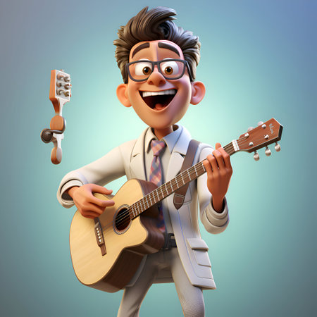 3D Illustration of a young man with a guitar in his handの素材