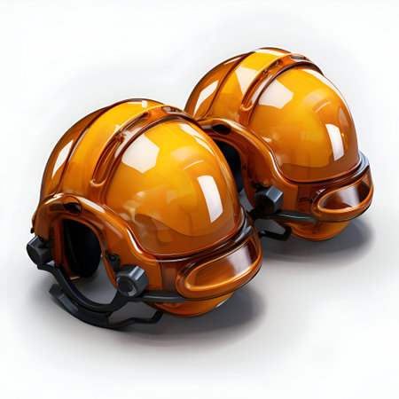 Orange safety helmets on a white background. 3D rendering. Isolated.の素材