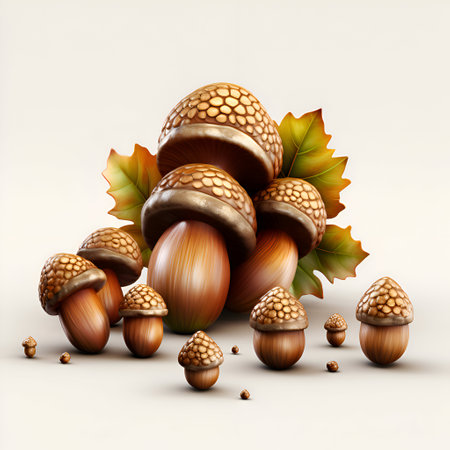 Autumn background with acorns and oak leaves. 3d illustrationの素材