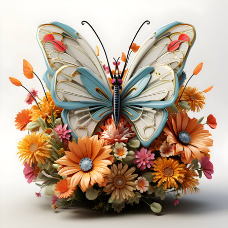 Butterfly made of flowers on white background. 3d illustration.の素材