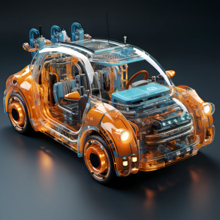 Orange electric car on a black background. 3d rendering. Side view.の素材