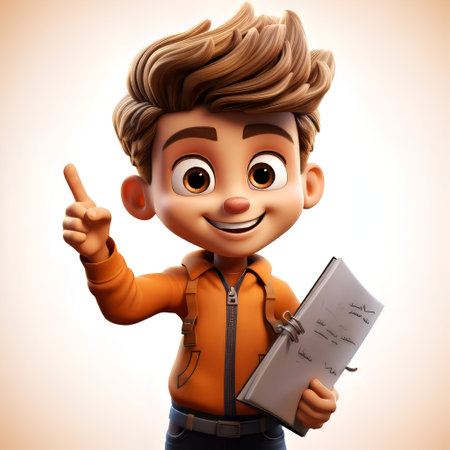3d illustration of a boy with a clipboard and pen pointing upの素材