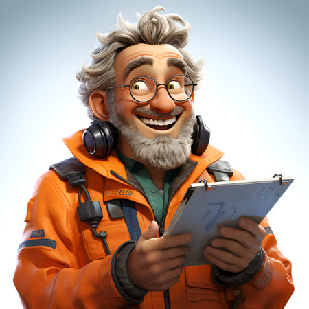 Portrait of a happy senior man with a beard and glasses in an orange jacket with a tablet in his hands.の素材
